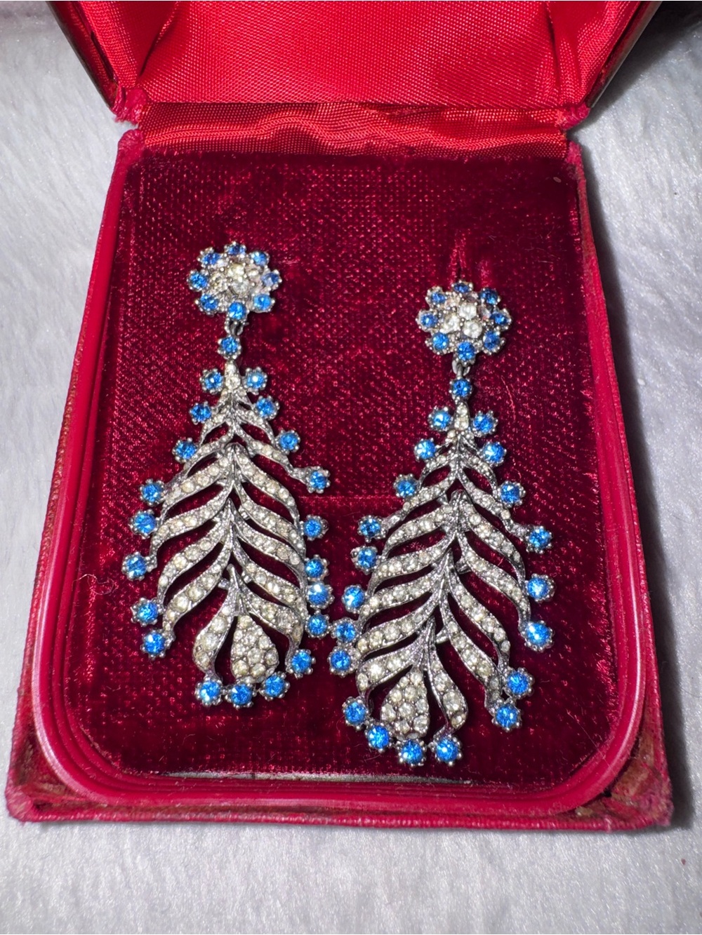 Blue Crystal Leaf Drop Earrings